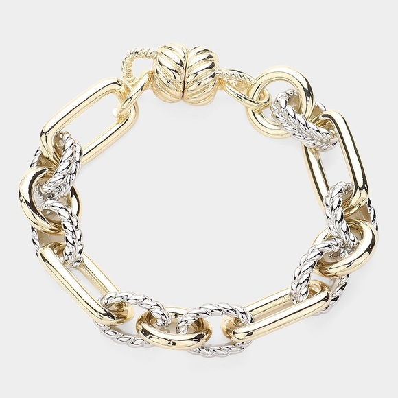 Chunky Two Tone 14K GP Chain Link Bracelet Magnetic Closure - Picture 3 of 3